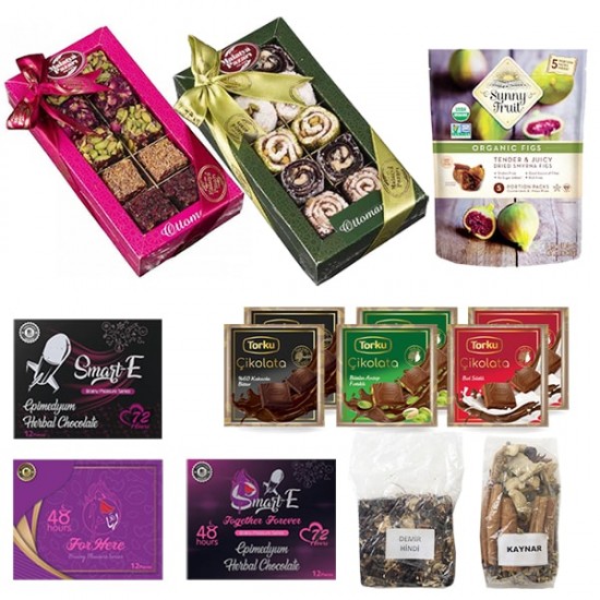 Ramadan Set, Free Shipping, Mixed Turkish Delight Ottoman Sherbets Drink, Organic Sun-Dried Figs, Torku Chocolate Bars, Aphrodisiac Chocolate Gift