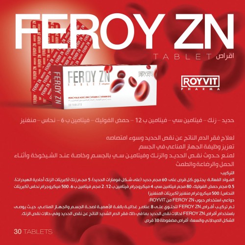 أقراص الحديد والزنك FEROY ZN, دعم مزدوج للمناعة وفقر الدم, علاج نقص الحديد في الجسم, 30 قرصًا أقراص الحديد والزنك FEROY ZN, دعم مزدوج للمناعة وفقر الدم, علاج نقص الحديد في الجسم, 30 قرصًا