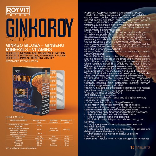 GinkoRoy Memory Support Tablets: Enhance Cognitive Function with Ginkgo Biloba and Ginseng, 15 Tablets GinkoRoy Memory Support Tablets: Enhance Cognitive Function with Ginkgo Biloba and Ginseng, 15 Tablets