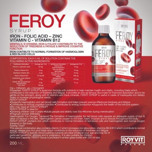 FeRoy Iron Syrup, Enhance Energy, Reduce Fatigue, and Support Immune and Cognitive Performance, 200 ml FeRoy Iron Syrup, Enhance Energy, Reduce Fatigue, and Support Immune and Cognitive Performance, 200 ml