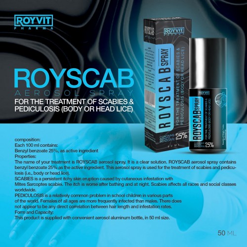 ROYSCAB Scabies Spray, Effective Treatment for Scabies and Head Lice with Benzyl Benzoate, 50 ml ROYSCAB Scabies Spray, Effective Treatment for Scabies and Head Lice with Benzyl Benzoate, 50 ml
