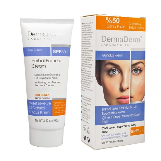 DermaDerm Herbal Whitening & Sunspot Face Cream, Day Cream, Anti-pigmentation Sunscreen, Sun Protection Factor SPF 50+, 50% More, 100 Gr, 3.52 Oz