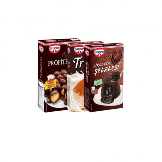 مجموعة حلويات سريعة التحضير من دكتور أوتكير, شلال الشوكولاتة 195 غ, كعكة الكراميل تريليتشا 315 غ، حلوى بروفيترول 360 غ