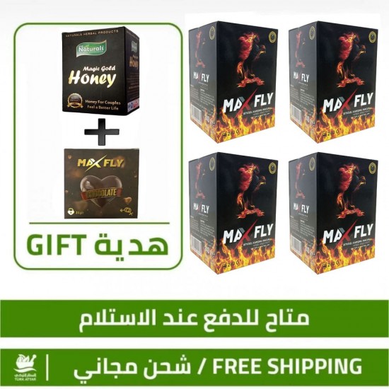The Fiery Offer, 4 Max Fly Paste 240 gr, Free Magic Gold Honey 42 gr, and Bonus Max Fly Plus Chocolate for Ultimate Intimacy