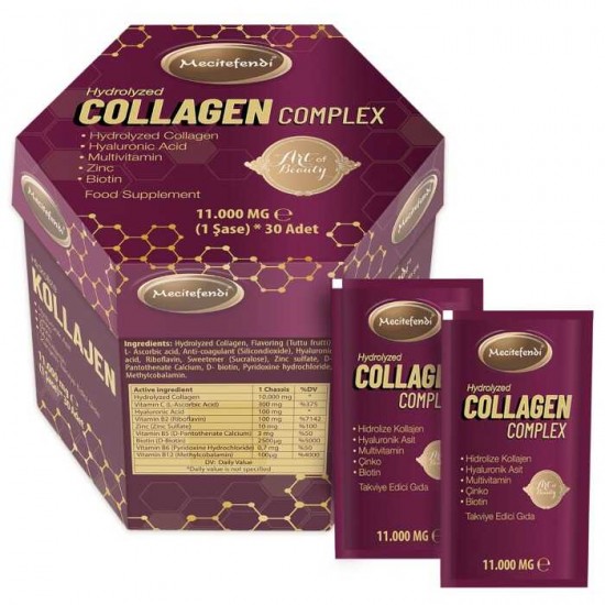 Collagen Complex Powder, Hydrolyzed Collagen Peptides + Vitamin C, B2, B5, B6, B12, Biotin, Hyaluronic Acid, Zinc. Collagen Type 1 & 3, 11,000 mg Per Serving, 30 Sachets, 330 gr