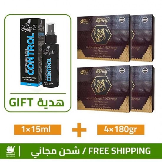 4 × Wild Rhinos Paste + FREE Smart-E Control Spray, Turkish Honey With Ferula Root, Panax Ginseng Root, Carob and Tribulus Extract, 48 Sachets, 4×180 gr