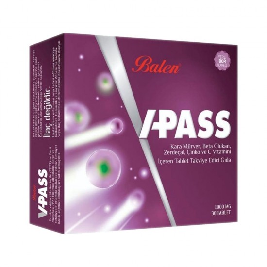 V-Pass Turkish Black Elderberry Extract, Fortified with Beta-Glucan, Ginger, Ginkgo Biloba, Vitamin C, Immune Booster Formula, 30 Tablets 1000 mg