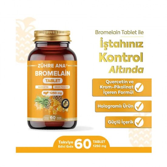 ZÜHRE ANA Bromelain Tablets, Quercetin, Vitamin C & Chromium, Supports Metabolism, Detoxifies and Anti-Inflammatory, 1250 mg, 60 Tablets ZÜHRE ANA Bromelain Tablets, Quercetin, Vitamin C & Chromium, Supports Metabolism, Detoxifies and Anti-Inflammatory, 1250 mg, 60 Tablets