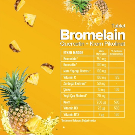 ZÜHRE ANA Bromelain Tablets, Quercetin, Vitamin C & Chromium, Supports Metabolism, Detoxifies and Anti-Inflammatory, 1250 mg, 60 Tablets ZÜHRE ANA Bromelain Tablets, Quercetin, Vitamin C & Chromium, Supports Metabolism, Detoxifies and Anti-Inflammatory, 1250 mg, 60 Tablets