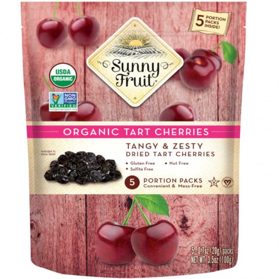 ORGANIC Dried Tart Cherries - Sunny Fruit - Purely Cherries - NO Added Sugars, Sulfurs or Preservatives, VEGAN, KOSHER & HALAL, (5x20gr) 100gr
