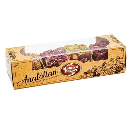 Malatya Pazar Anatolian wick Turkish Delight bar, Ottoman Delight with Nuts, Pistachio, Zereç Grapes, Qatayef and Rose Leaves, 120gr 4.23 oz.