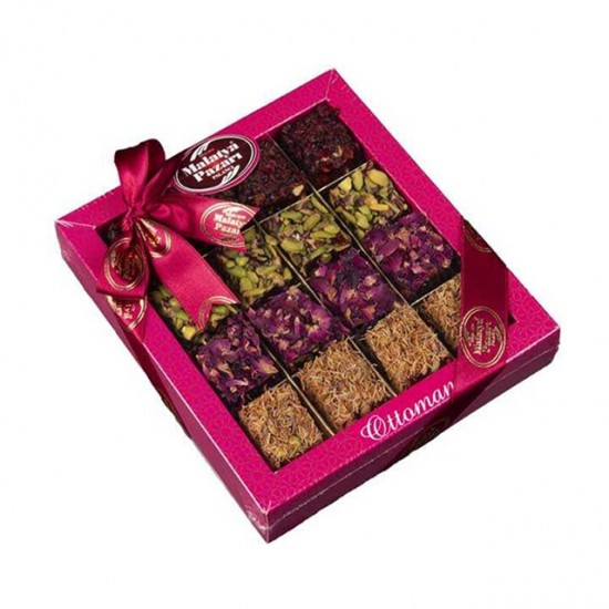 Malatya Pazar Turkish Delight, Ottoman Delight with Nuts, Pistachio Flavors, Zereç Grapes, Qatayef and Rose Leaves, 490gr 17.28 oz.