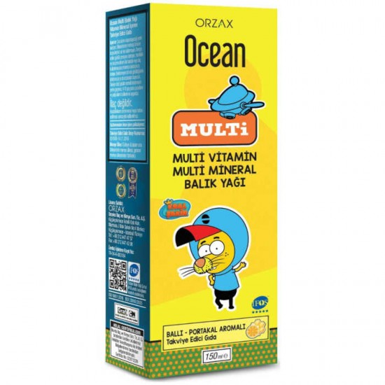 Ocean Multi شراب زيت السمك والفيتامينات المتعددة لتقوية مناعة ونمو الاطفال, اوميغا 3, 11 فيتامين, 5 معادن, نكهة العسل والبرتقال, 150 مل