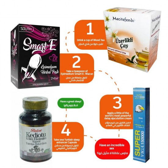 Super Night Pack, Mood Booster Tea, Epimedium Smart Er Macun, Delayed Ejaculation Cream, and Quiet Sleeping Capsules, 4 products for the best intimate night!