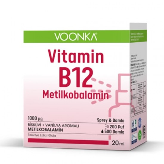 بخاخ وقطرة VOONKA Vitamin B12, فونكا فيتامين ب 12, 1000 مكغ, مكمل غذائي بنكهة البسكويت والفانيليا يحتوي على فيتامين ب 12 بشكل ميثيل كوبالامين, 20 مل 
